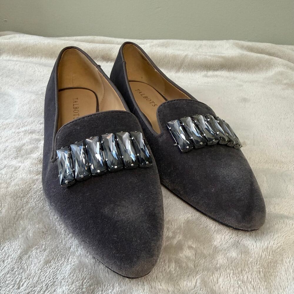 Talbots Women’s 8 Edison Stone Velvet Flats Gray Jewel Embellished Loafers Shoes